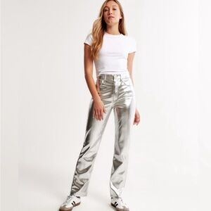 Abercrombie & Fitch Vegan Leather 90s Straight Pant Silver sz 25/0-S NWT